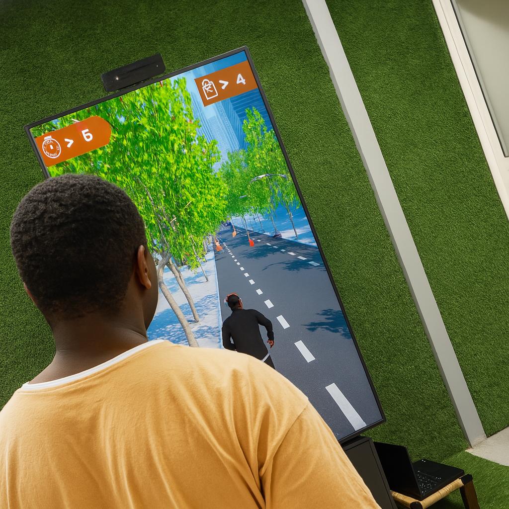 Player enjoying a motion runner game in Dubai, using full-body movement to jump and dodge obstacles. Interactive game rental